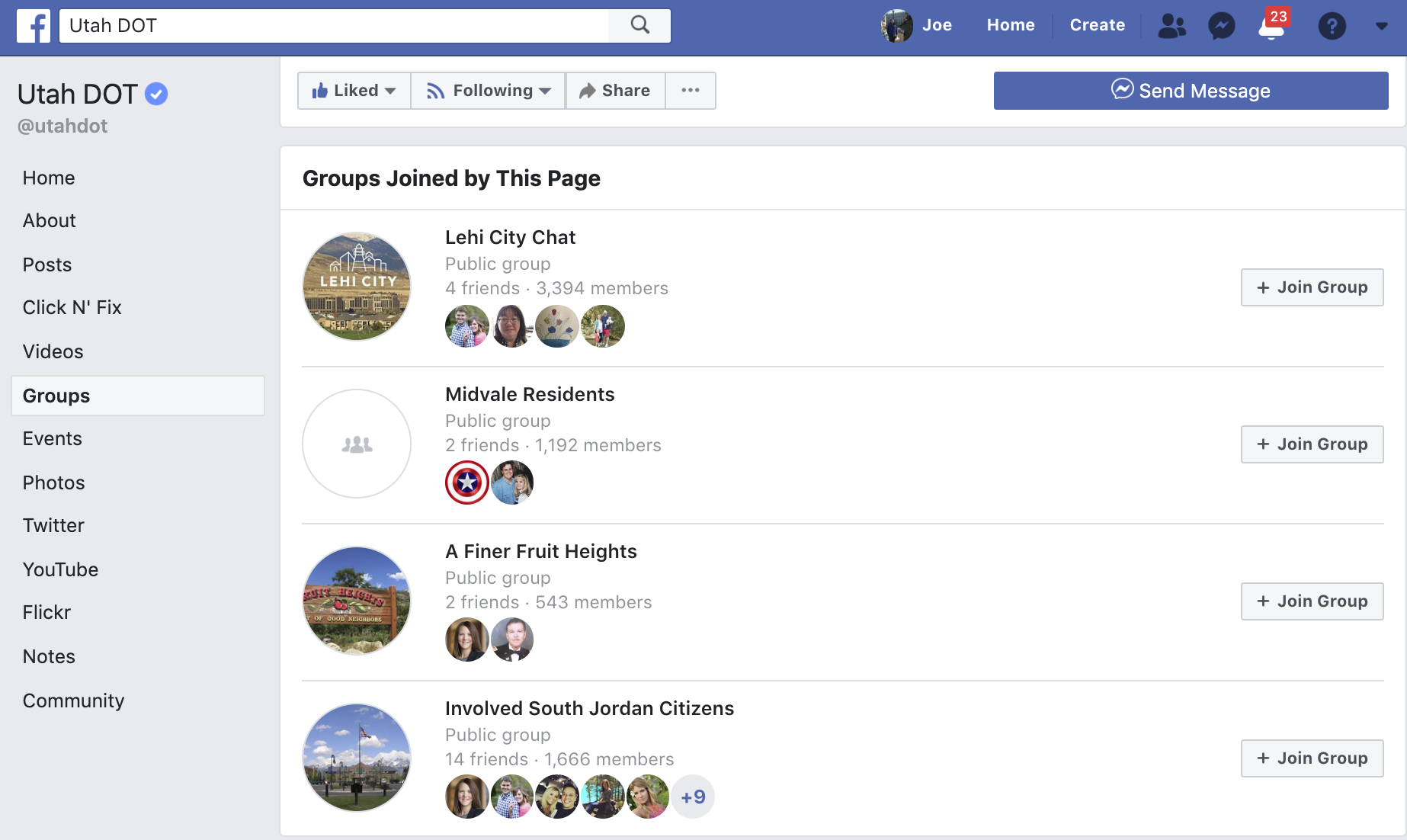 a screen shot of the facebook groups U-DOT has created, including the U.S. 89 Farmington to interstate 84 project and an environmental study for state route 73
